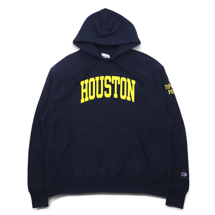 Champion Reverse Weave Pullover Hoodie, 3XL, Navy, Cotton, Fleece Lining, HOUSTON Arch Logo, Blue Single Tag, Reprint, Made in Honduras