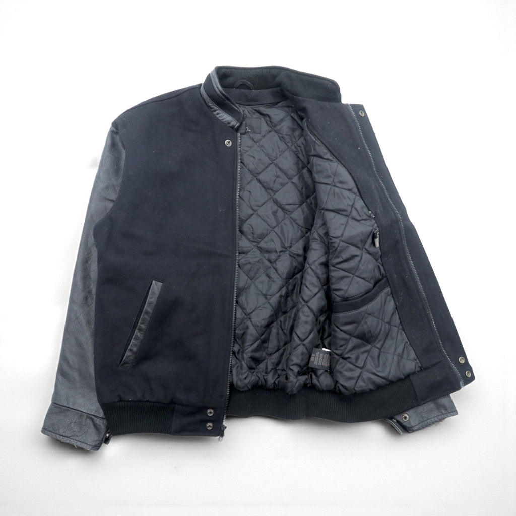 NORTH END Varsity Jacket, Size M, Black, with Leather Sleeves, Quilted Lining, and Padded One Point Embroidery