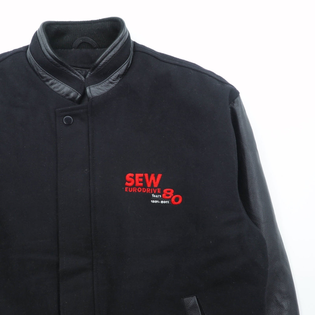 NORTH END Varsity Jacket, Size M, Black, with Leather Sleeves, Quilted Lining, and Padded One Point Embroidery