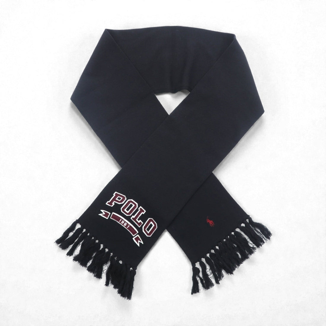 Polo Ralph Lauren College Logo Fringe Scarf/Stole in Black with Pony Embroidery, 1967