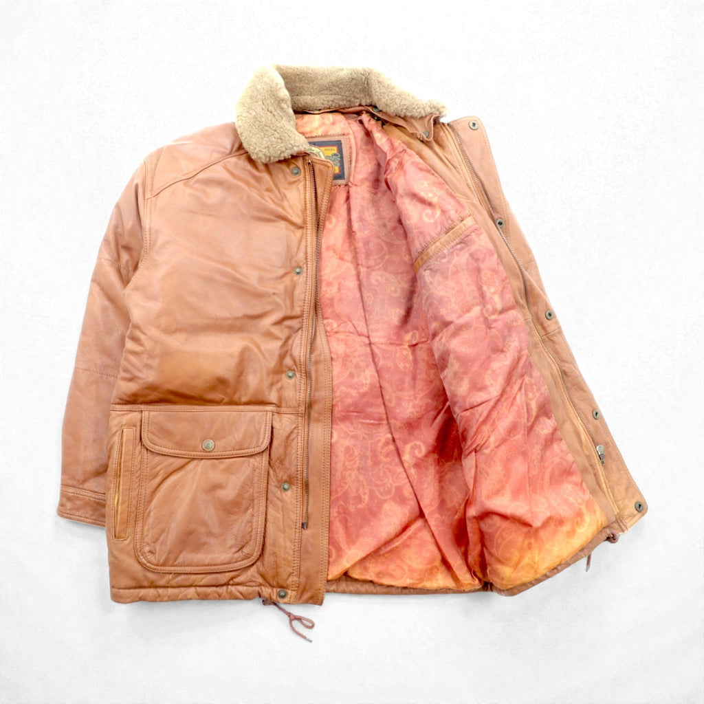 B'SPARE Cowhide Leather Jacket, XL, Camel Brown, Boa Collar, Paisley Lining