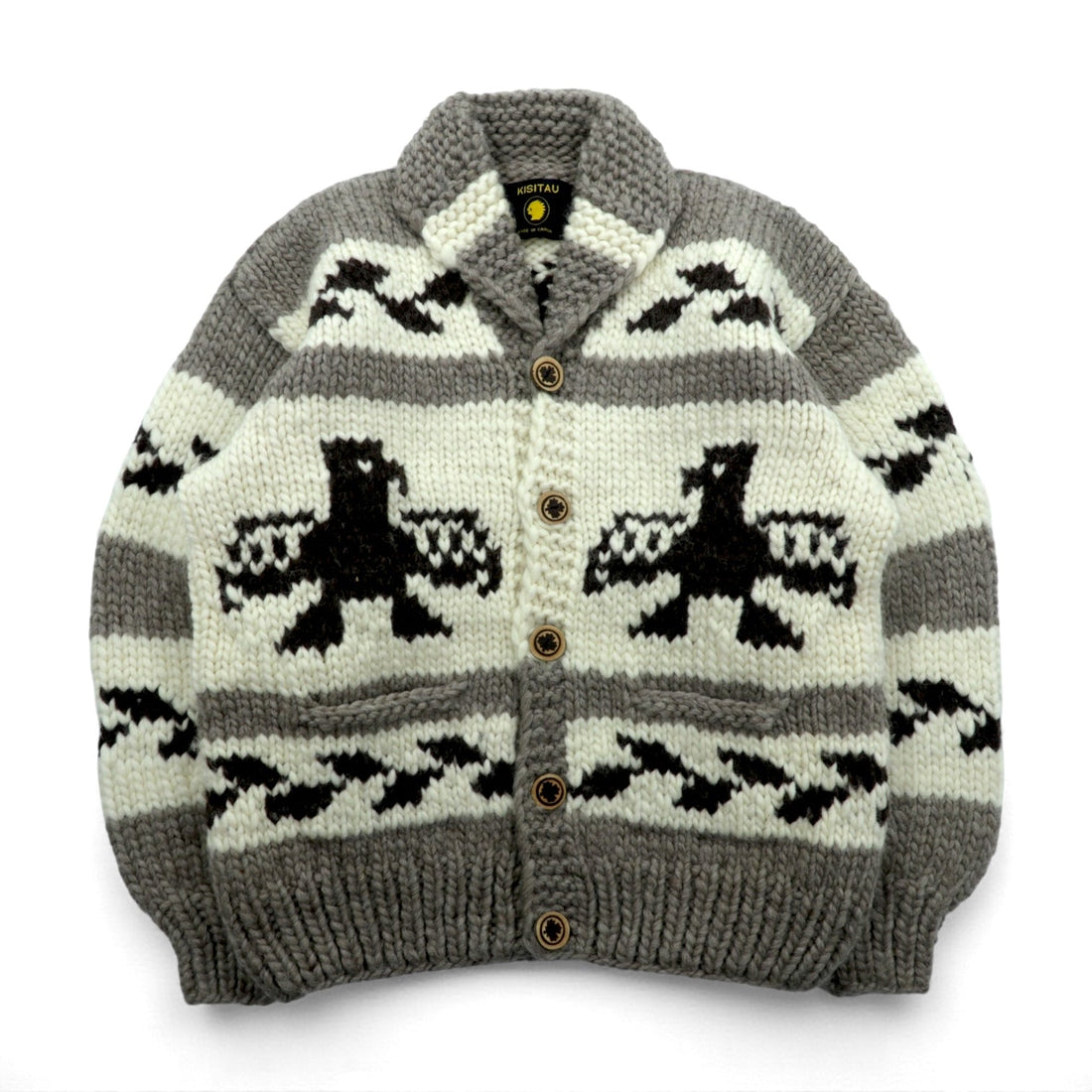 90s Canada Vintage Cowichan KISITAU Sweater Maple Wood Button Knit Cardigan L Thunderbird Made in