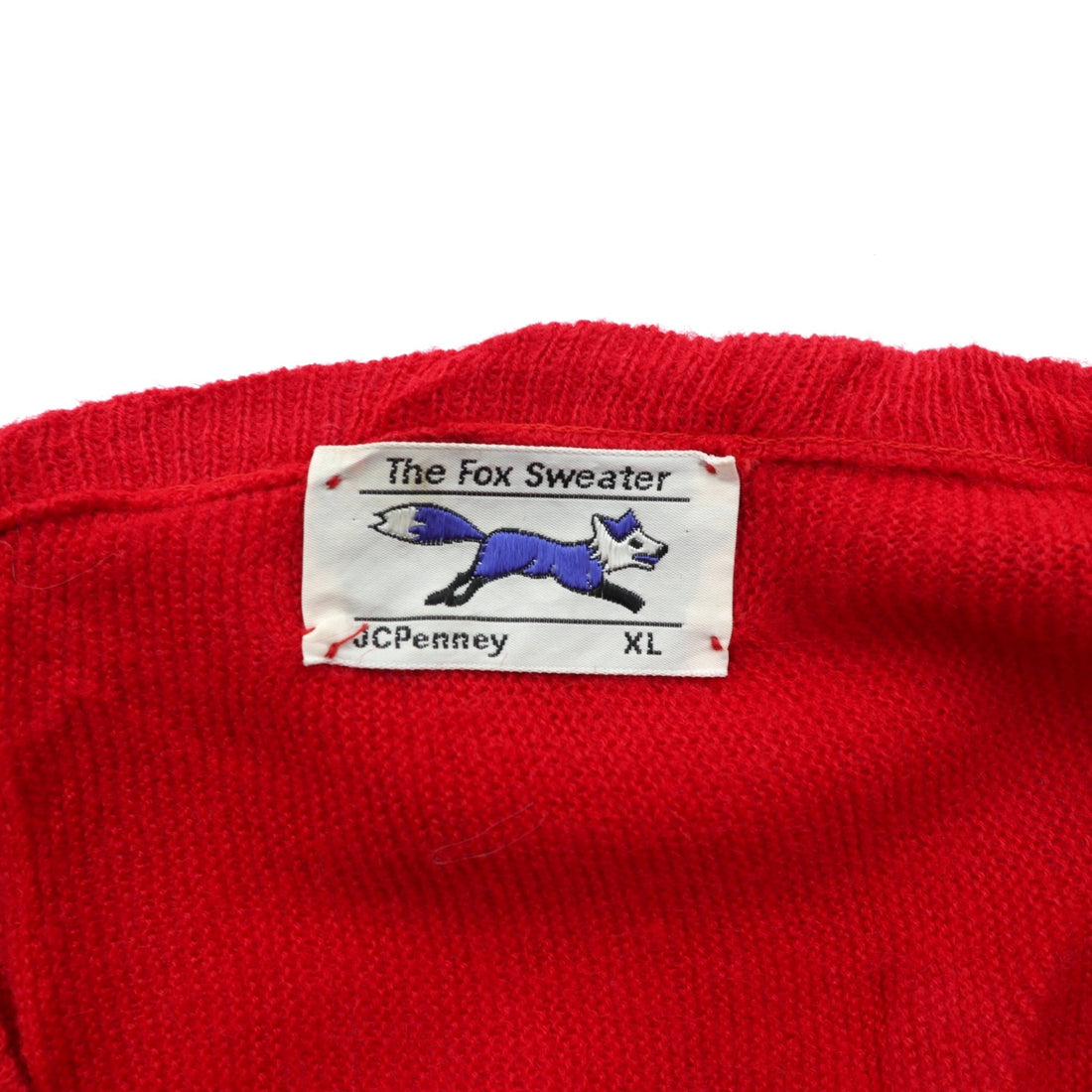 The FOX Collection by JC PENNEY 80s Made in USA Vintage V-Neck Knit Sweater XL Red One Point Logo