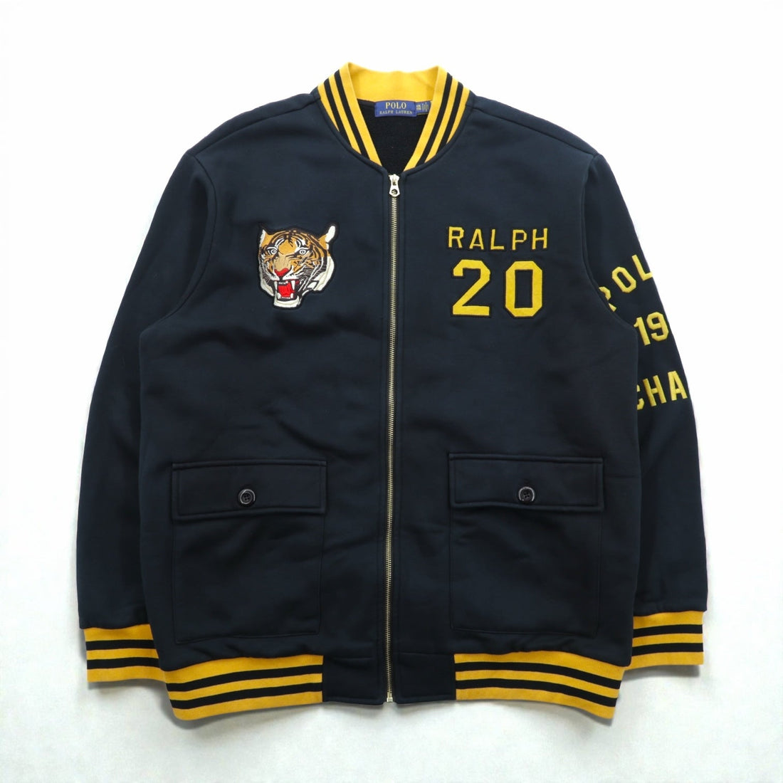Polo Ralph Lauren Varsity Jacket Full Zip Sweatshirt Bomber Size 2XL Ribbed Tiger Embroidery Patch RL Naval