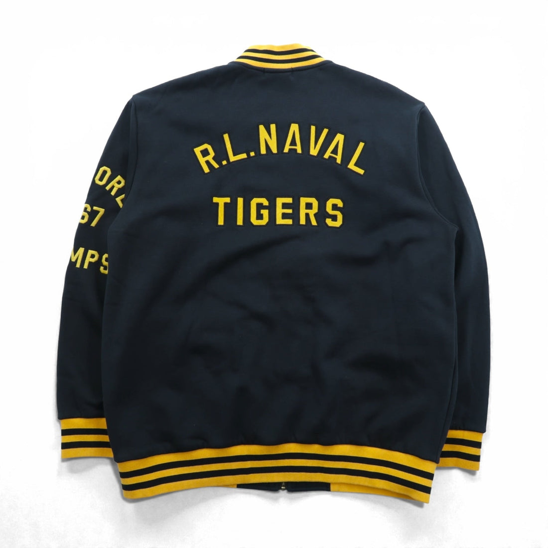 Polo Ralph Lauren Varsity Jacket Full Zip Sweatshirt Bomber Size 2XL Ribbed Tiger Embroidery Patch RL Naval