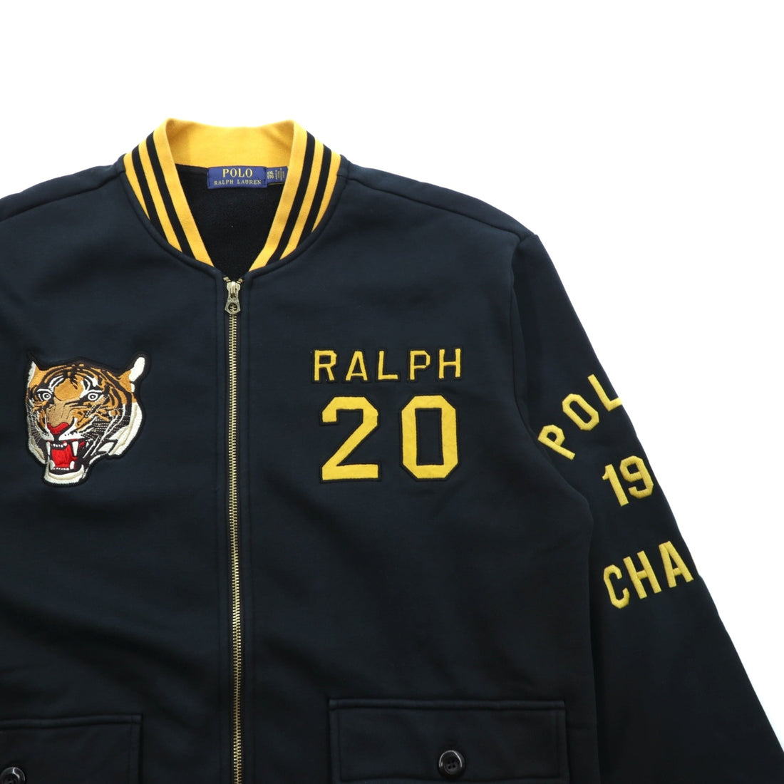 Polo Ralph Lauren Varsity Jacket Full Zip Sweatshirt Bomber Size 2XL Ribbed Tiger Embroidery Patch RL Naval