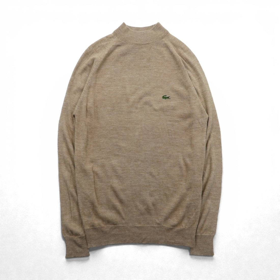 IZOD LACOSTE 70s Mock Neck Knit Sweater, Large, Beige Wool, One Point Logo, Spool Tag, High