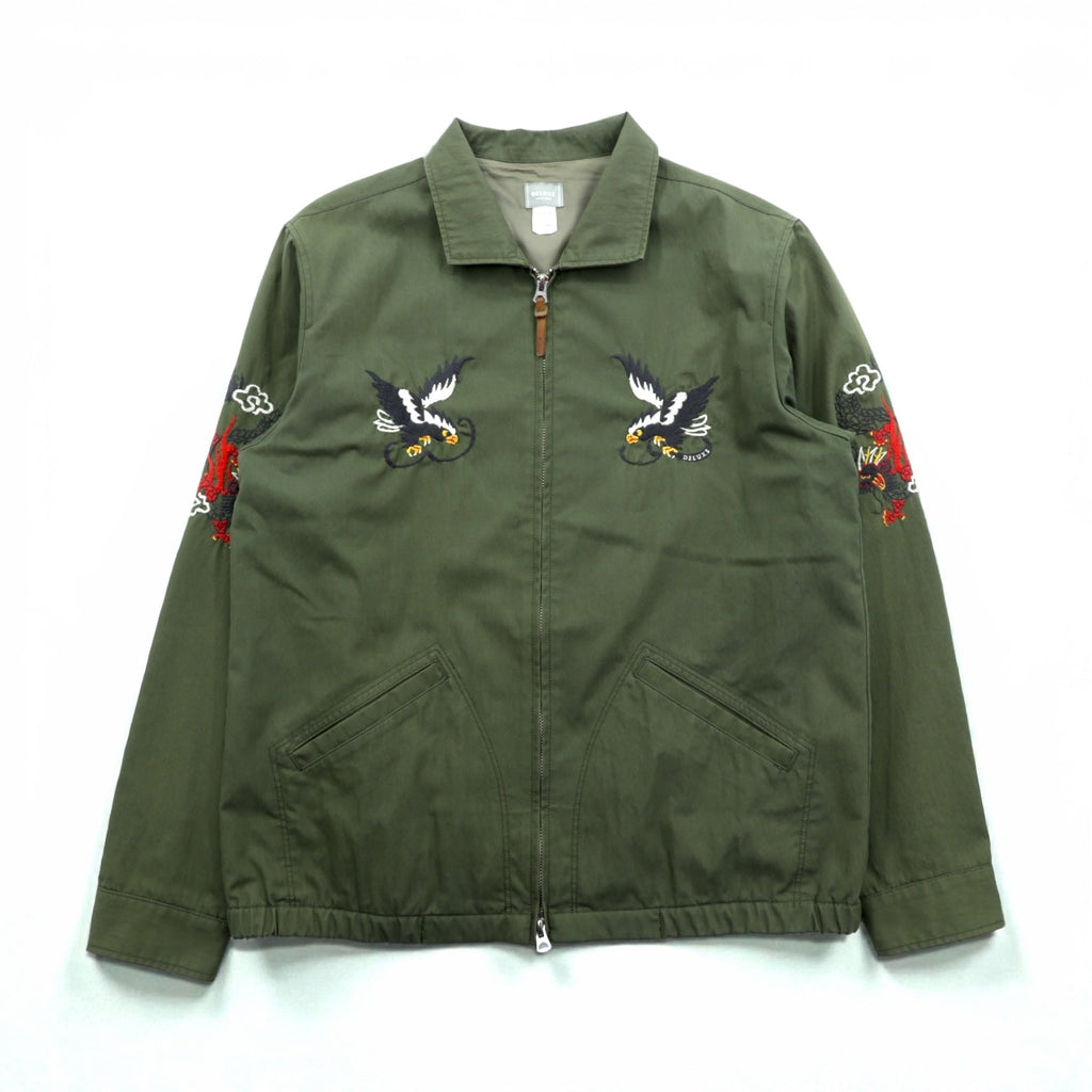 Deluxe Souvenir Jacket, Viet-Jean, Size L, Khaki, Double Zip, Hawk and Dragon Embroidery, Made in Japan