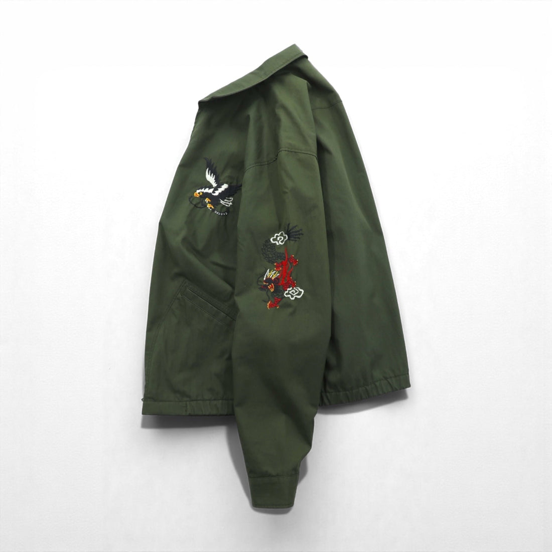 Deluxe Souvenir Jacket, Viet-Jean, Size L, Khaki, Double Zip, Hawk and Dragon Embroidery, Made in Japan