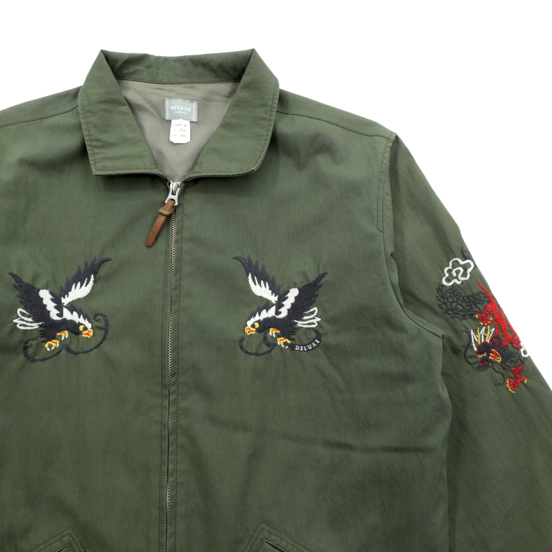 Deluxe Souvenir Jacket, Viet-Jean, Size L, Khaki, Double Zip, Hawk and Dragon Embroidery, Made in Japan