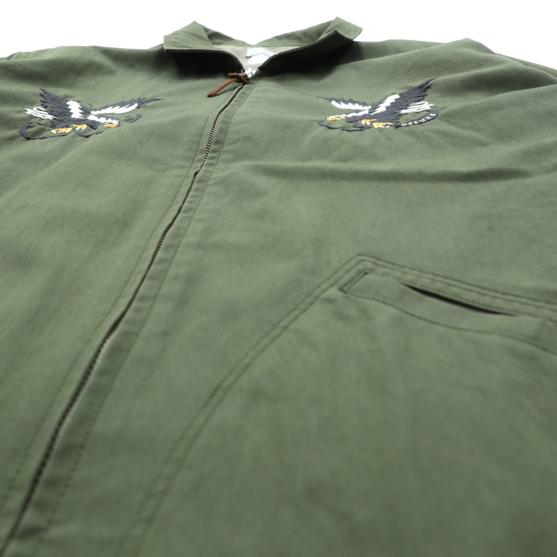 Deluxe Souvenir Jacket, Viet-Jean, Size L, Khaki, Double Zip, Hawk and Dragon Embroidery, Made in Japan