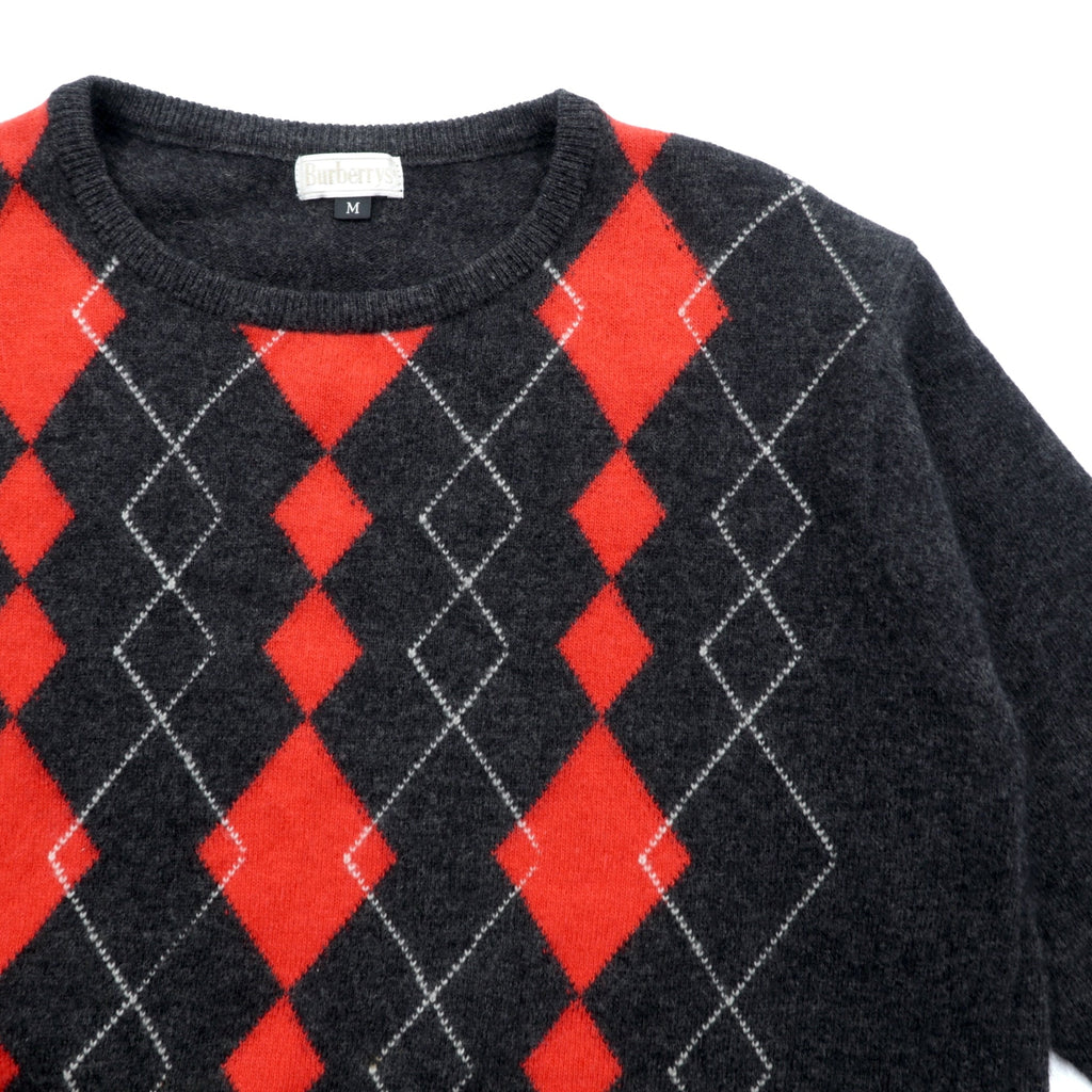 BURBERRY 90s Argyle Crew Neck Knit Sweater, Medium, Gray Angora Wool
