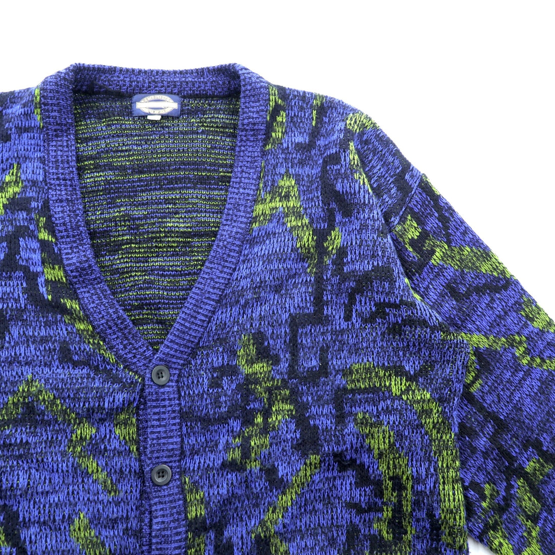 TOWNCRAFT 90s Jacquard Knit Allover Pattern Cardigan, XL, Navy Acrylic, V-Neck