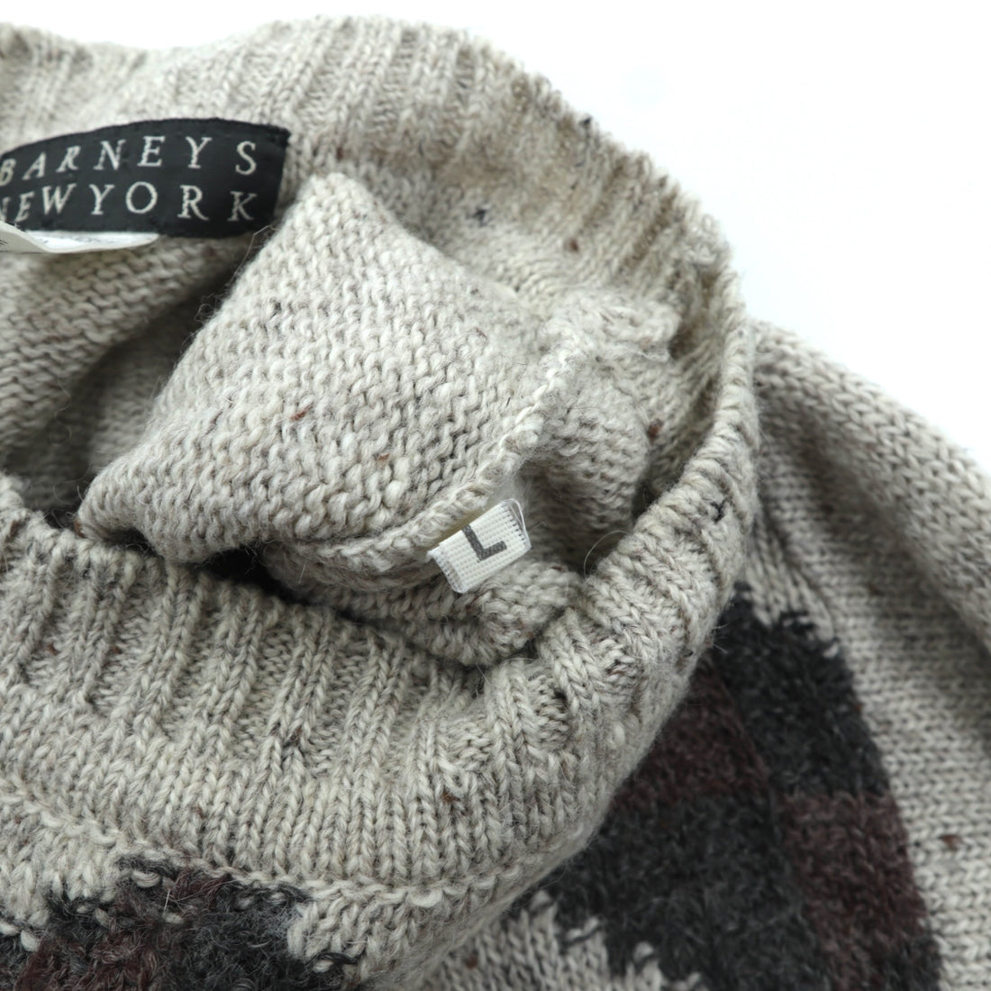 BARNEYS NEW YORK Made in Italy Argyle Knit Sweater, Large, Beige Acrylic Alpaca Blend