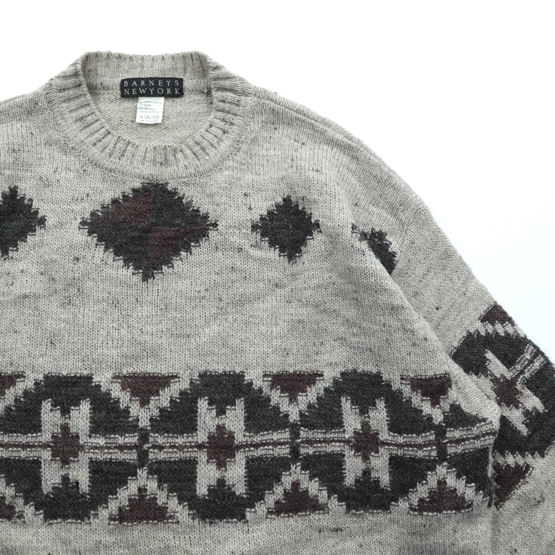 BARNEYS NEW YORK Made in Italy Argyle Knit Sweater, Large, Beige Acrylic Alpaca Blend