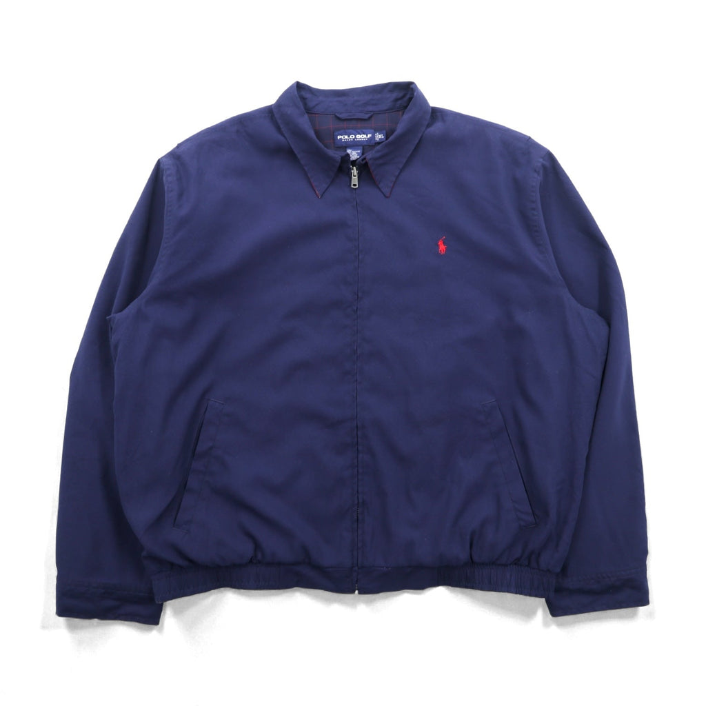 POLO GOLF RALPH LAUREN 90s Peach Skin Swing Top Harrington Jacket, XL, Navy, Check Lining, Small Pony Embroidery, Chin Strap