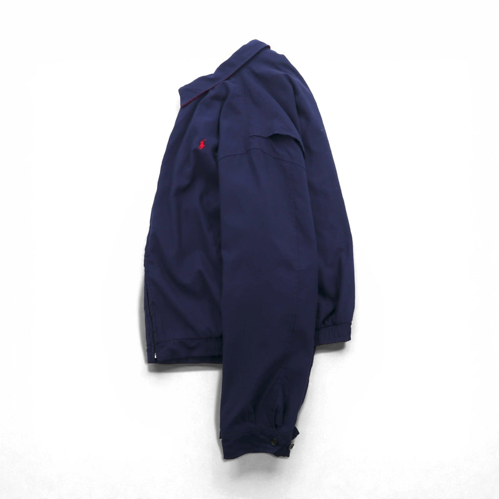 POLO GOLF RALPH LAUREN 90s Peach Skin Swing Top Harrington Jacket, XL, Navy, Check Lining, Small Pony Embroidery, Chin Strap