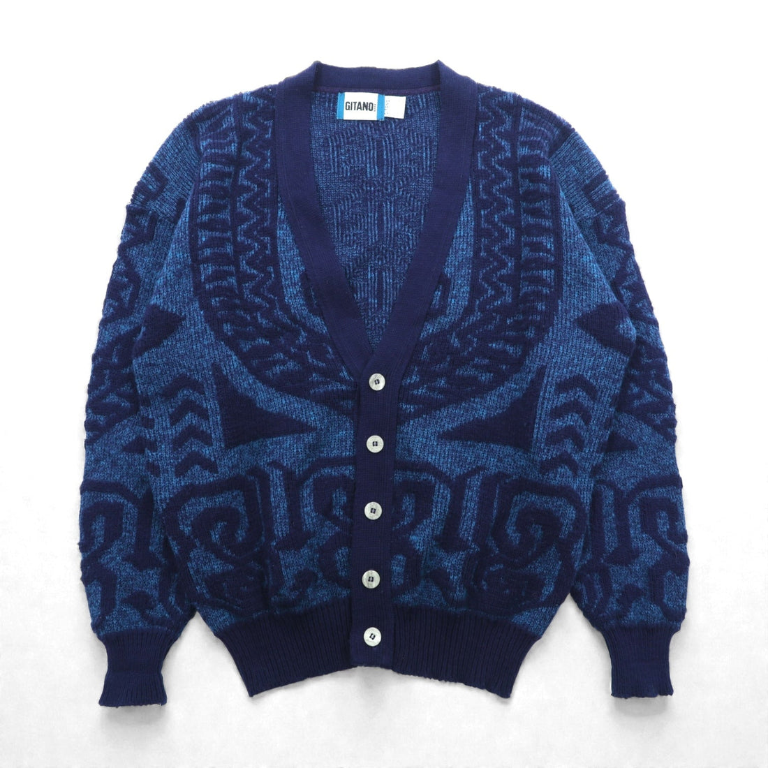 90s USA Vintage Jacquard Knit GITANO Geometric Print Cardigan, XL, Navy Acrylic, 90s, Made in