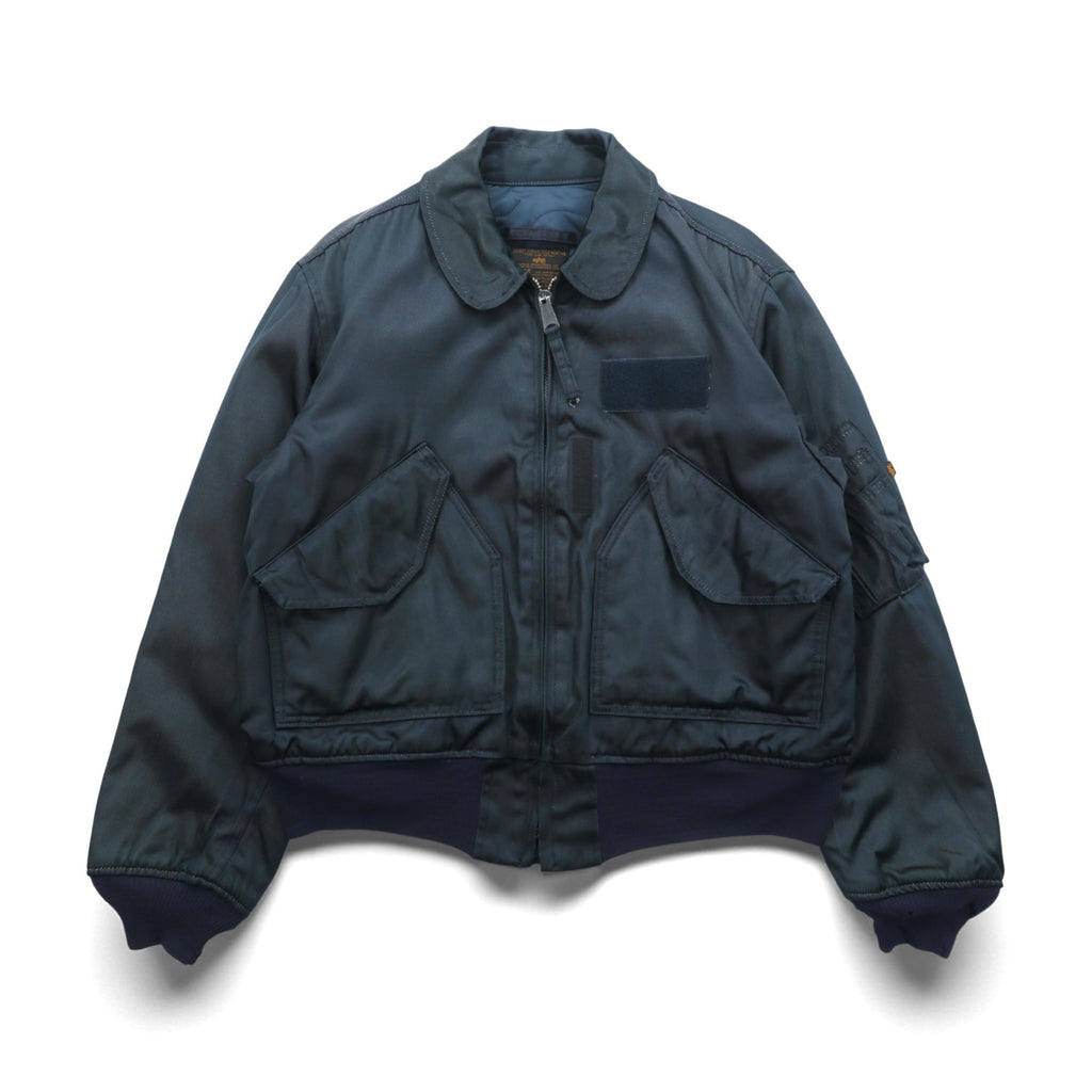 ALPHA INDUSTRIES 90s Made in USA CWU 45P Flight Jacket, Large, Navy, Flame Retardant, Short Length, Tattered