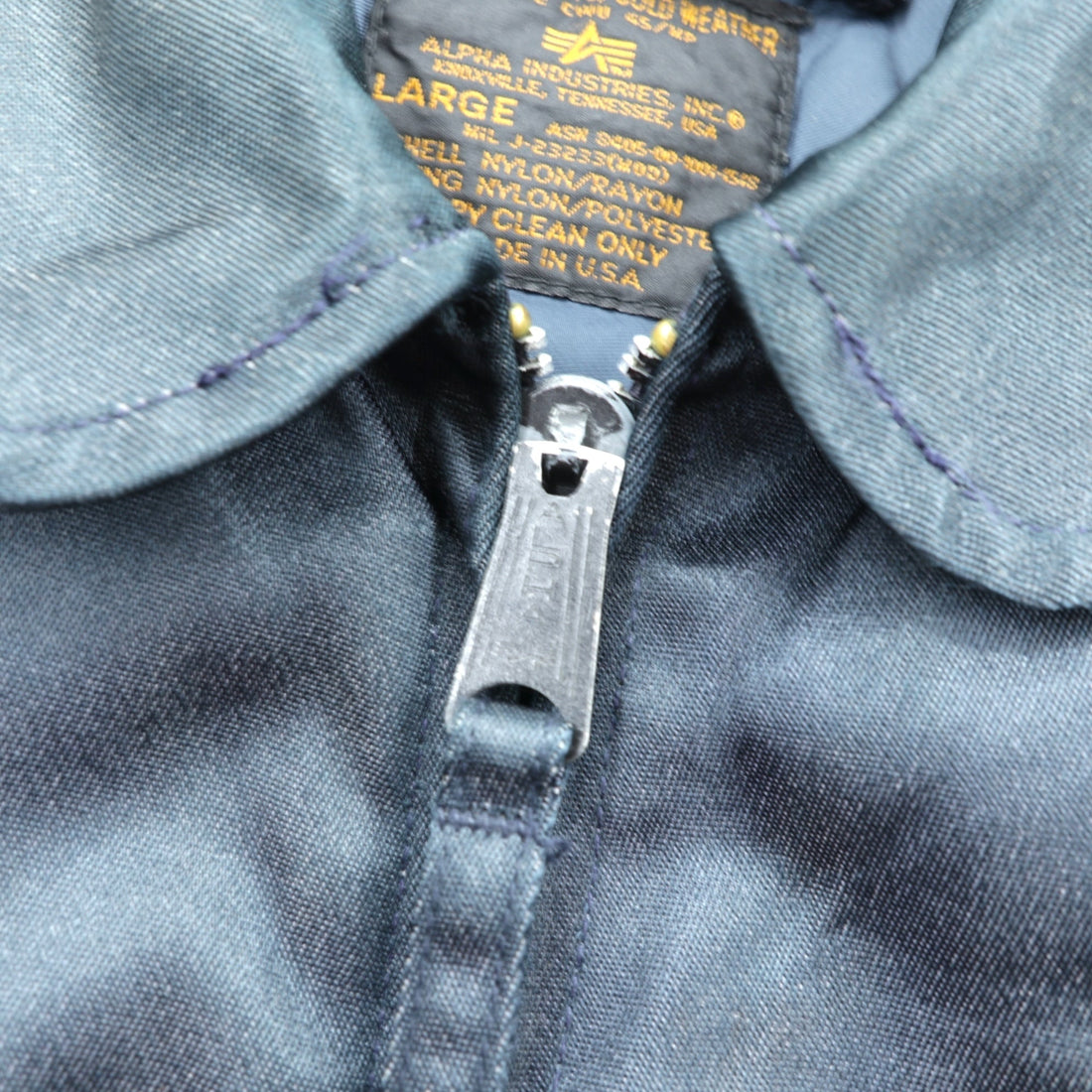 ALPHA INDUSTRIES 90s Made in USA CWU 45P Flight Jacket, Large, Navy, Flame Retardant, Short Length, Tattered
