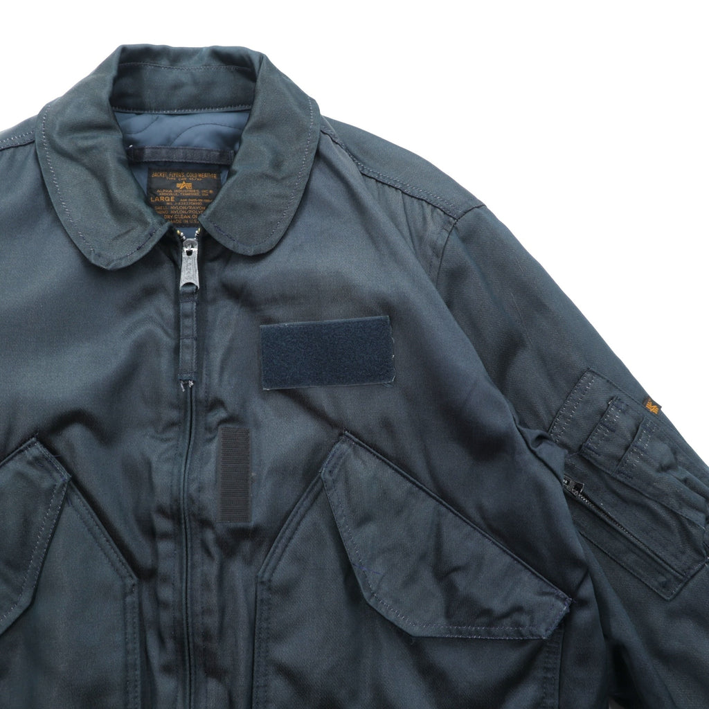 ALPHA INDUSTRIES 90s Made in USA CWU 45P Flight Jacket, Large, Navy, Flame Retardant, Short Length, Tattered