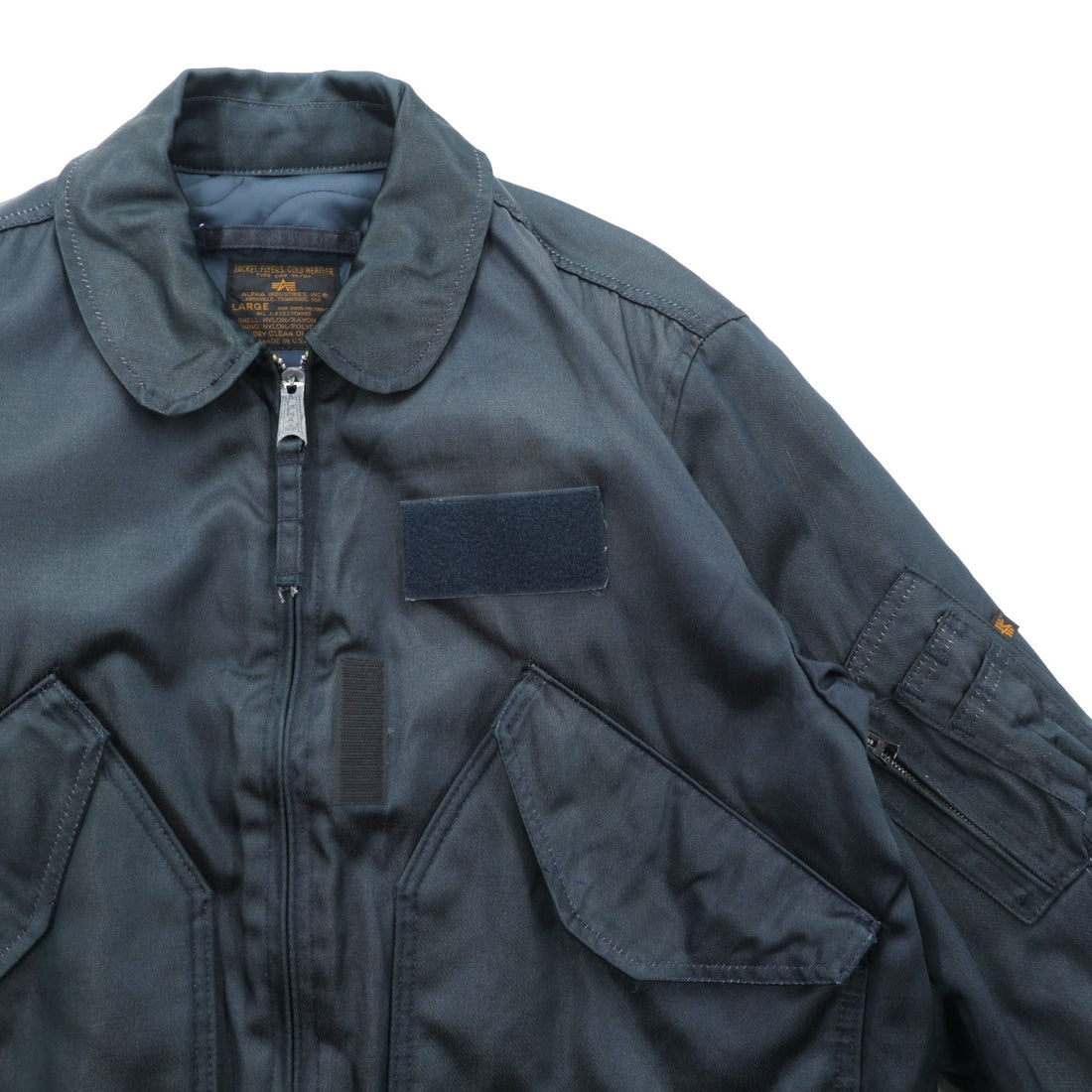 ALPHA INDUSTRIES 90s Made in USA CWU 45P Flight Jacket, Large, Navy, Flame Retardant, Short Length, Tattered