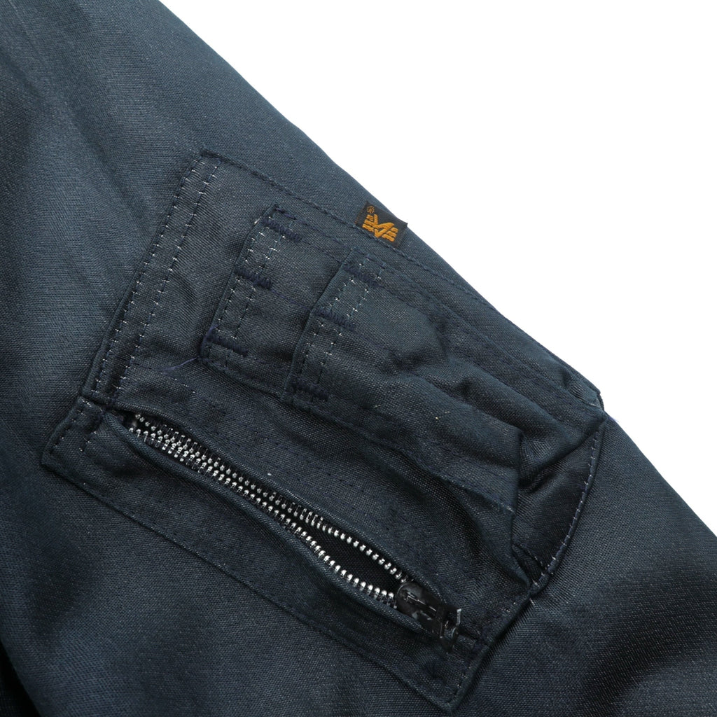 ALPHA INDUSTRIES 90s Made in USA CWU 45P Flight Jacket, Large, Navy, Flame Retardant, Short Length, Tattered