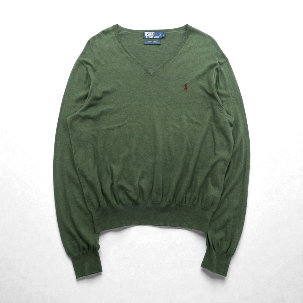 Polo Ralph Lauren 90s V-Neck Pima Cotton Knit Sweater L Khaki Small Pony Embroidery
