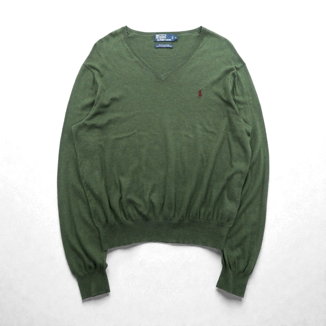 Polo Ralph Lauren 90s V-Neck Pima Cotton Knit Sweater L Khaki Small Pony Embroidery