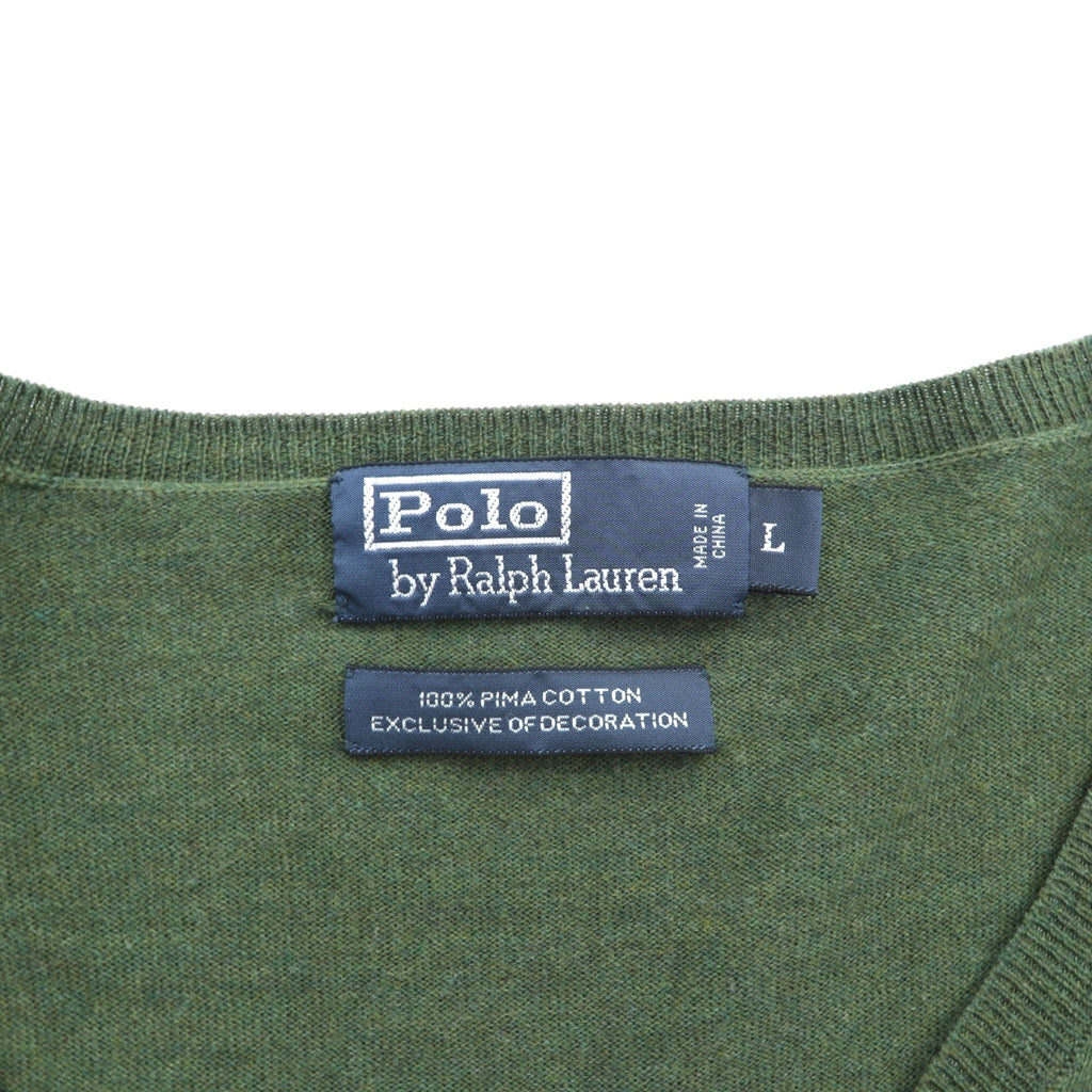 Polo Ralph Lauren 90s V-Neck Pima Cotton Knit Sweater L Khaki Small Pony Embroidery