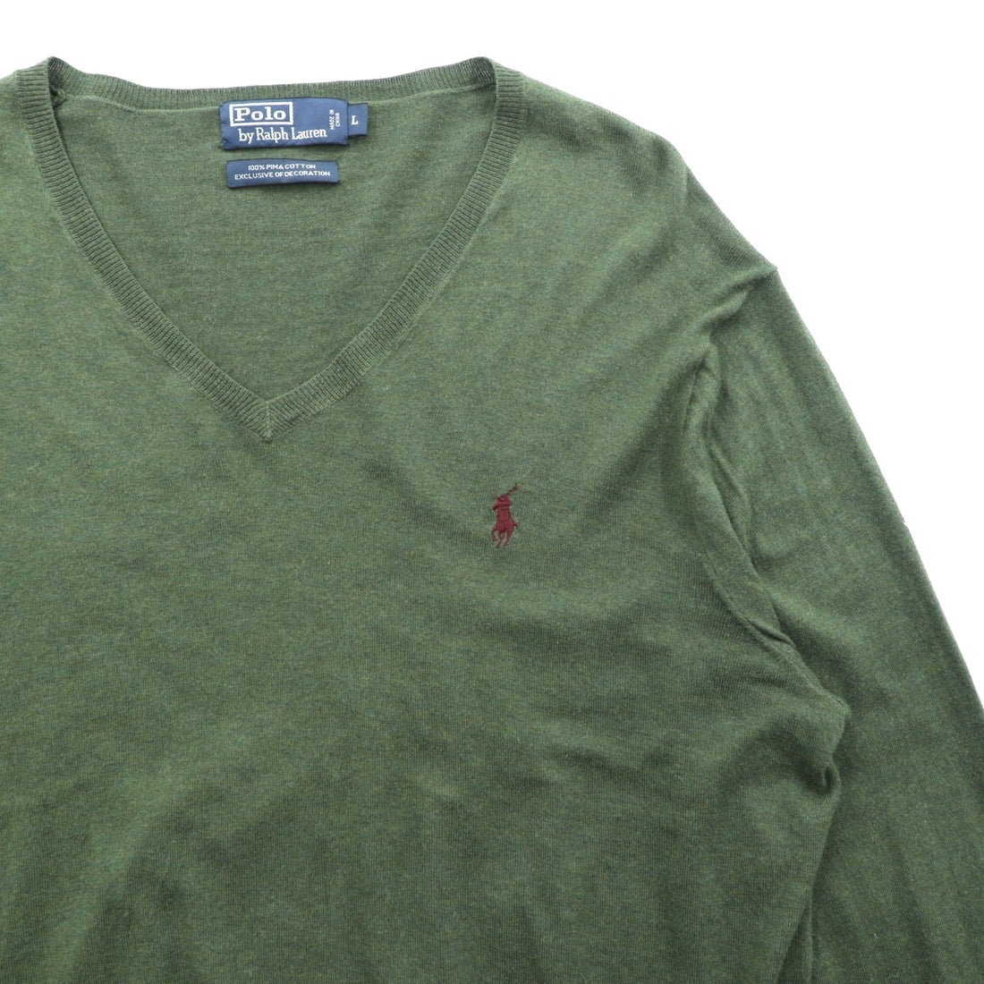 Polo Ralph Lauren 90s V-Neck Pima Cotton Knit Sweater L Khaki Small Pony Embroidery
