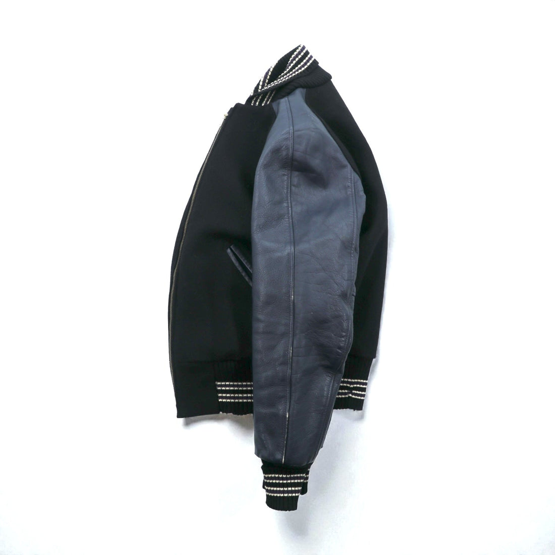 SKOOKUM Made in USA Varsity Jacket, Size Small, Navy, Leather Sleeves, Melton Wool, Ribbed, Centralia Knitting Mills