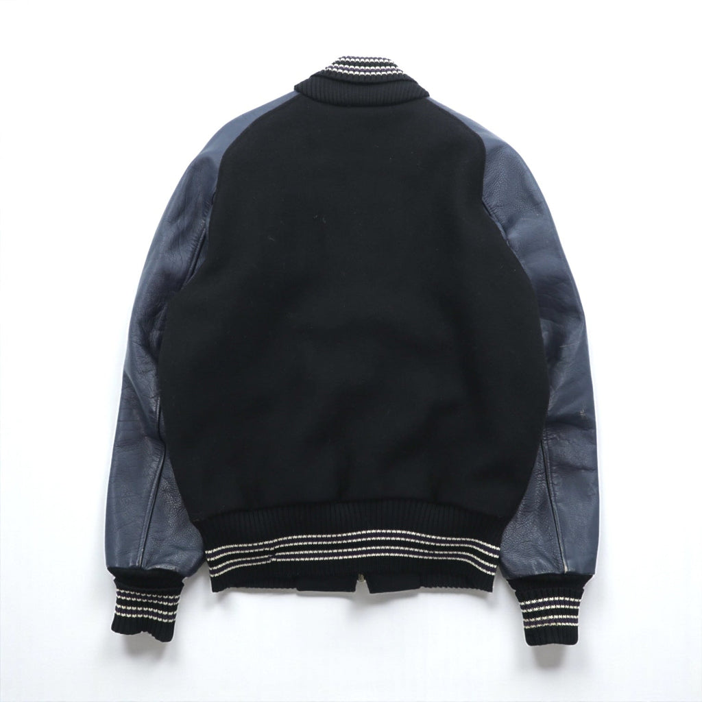 SKOOKUM Made in USA Varsity Jacket, Size Small, Navy, Leather Sleeves, Melton Wool, Ribbed, Centralia Knitting Mills