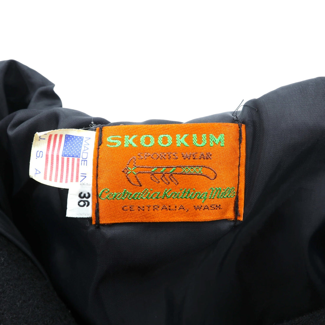 SKOOKUM Made in USA Varsity Jacket, Size Small, Navy, Leather Sleeves, Melton Wool, Ribbed, Centralia Knitting Mills