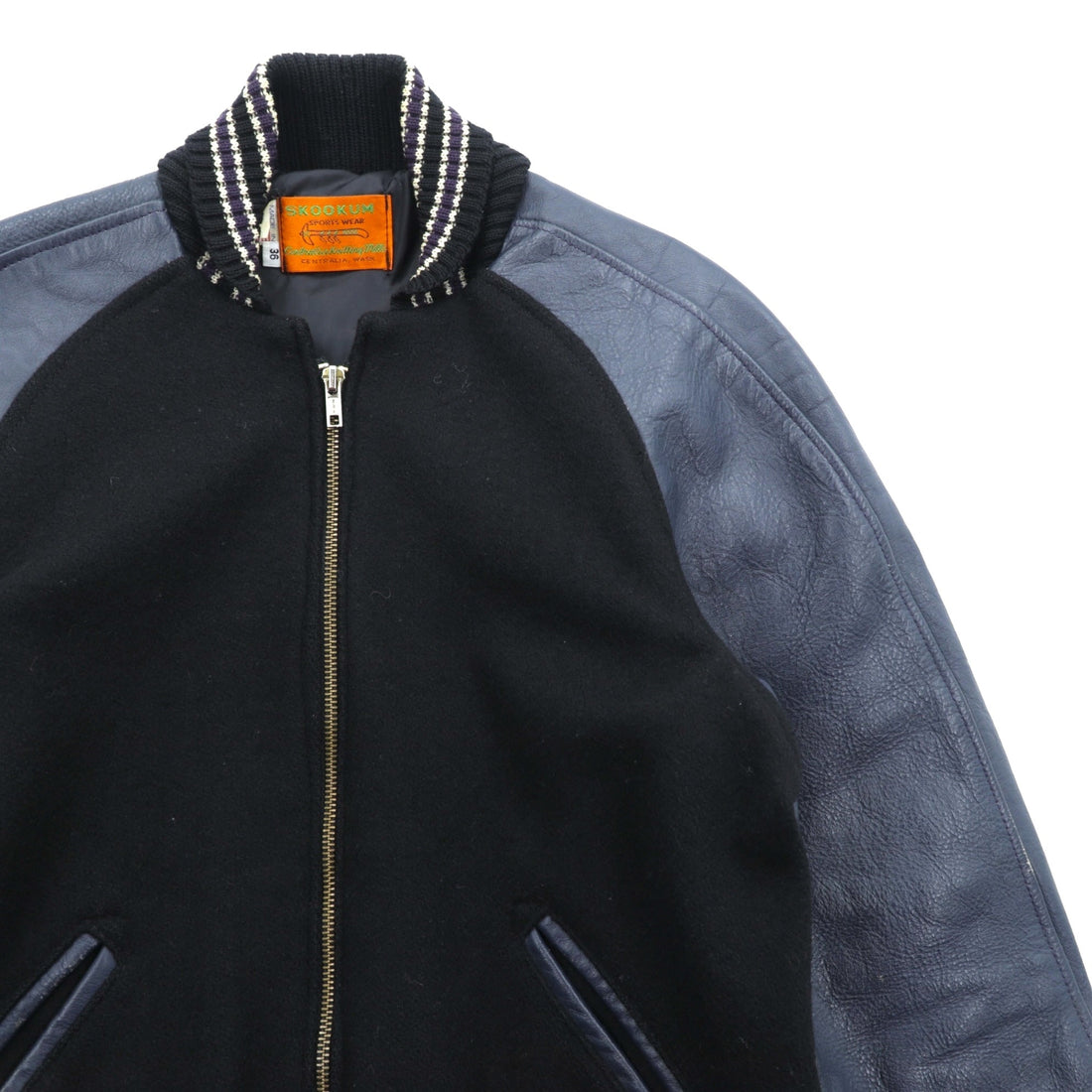 SKOOKUM Made in USA Varsity Jacket, Size Small, Navy, Leather Sleeves, Melton Wool, Ribbed, Centralia Knitting Mills