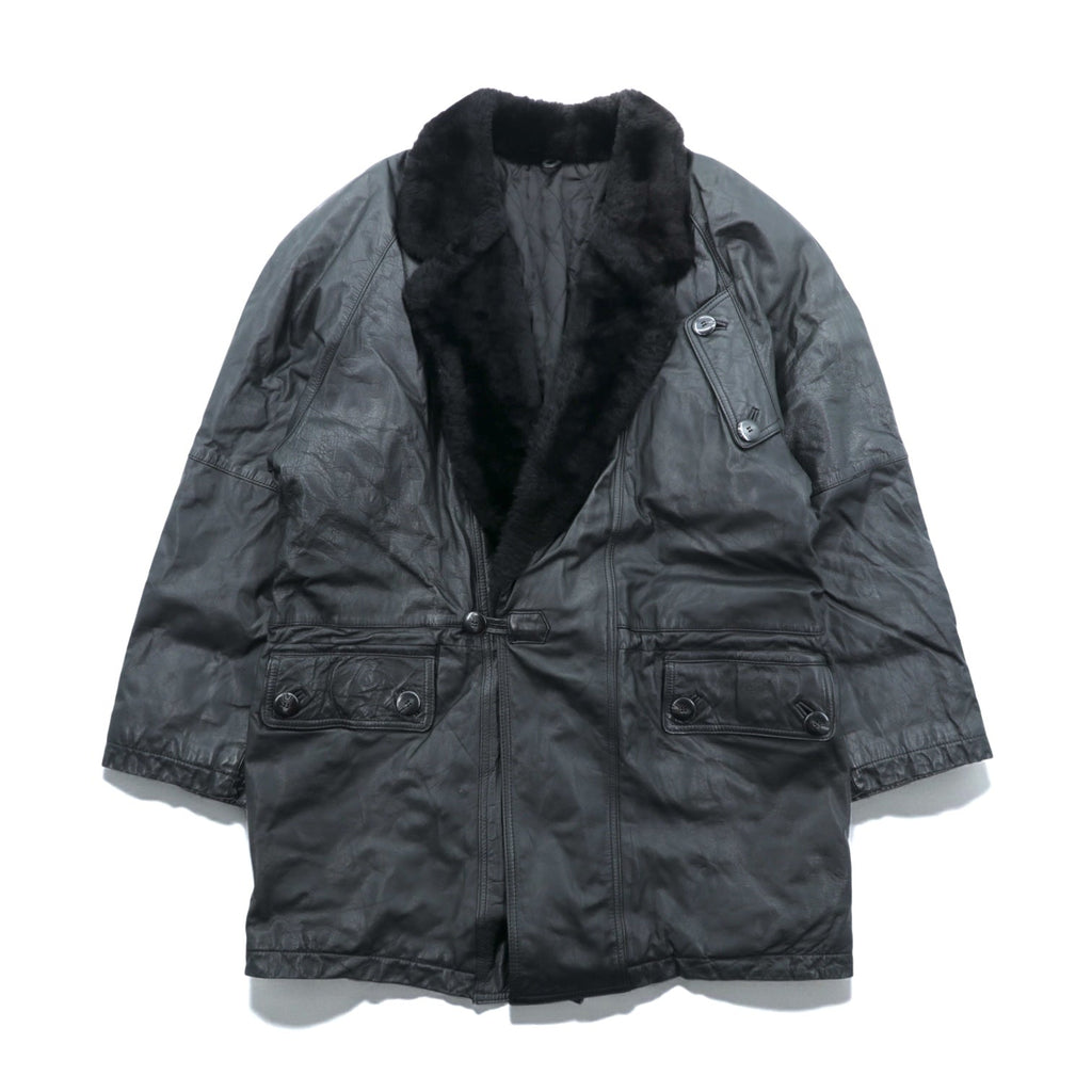 Vintage Black Leather Fur Coat, Double-Breasted, Padded, XL Shawl-Colored Quilted Liner, Drawcord, ZINIZ HOMME