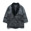Vintage Black Leather Fur Coat, Double-Breasted, Padded, XL Shawl-Colored Quilted Liner, Drawcord, ZINIZ HOMME