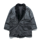 Vintage Black Leather Fur Coat, Double-Breasted, Padded, XL Shawl-Colored Quilted Liner, Drawcord, ZINIZ HOMME