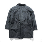 Vintage Black Leather Fur Coat, Double-Breasted, Padded, XL Shawl-Colored Quilted Liner, Drawcord, ZINIZ HOMME