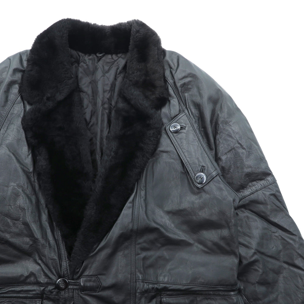 Vintage Black Leather Fur Coat, Double-Breasted, Padded, XL Shawl-Colored Quilted Liner, Drawcord, ZINIZ HOMME