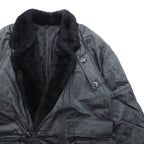 Vintage Black Leather Fur Coat, Double-Breasted, Padded, XL Shawl-Colored Quilted Liner, Drawcord, ZINIZ HOMME