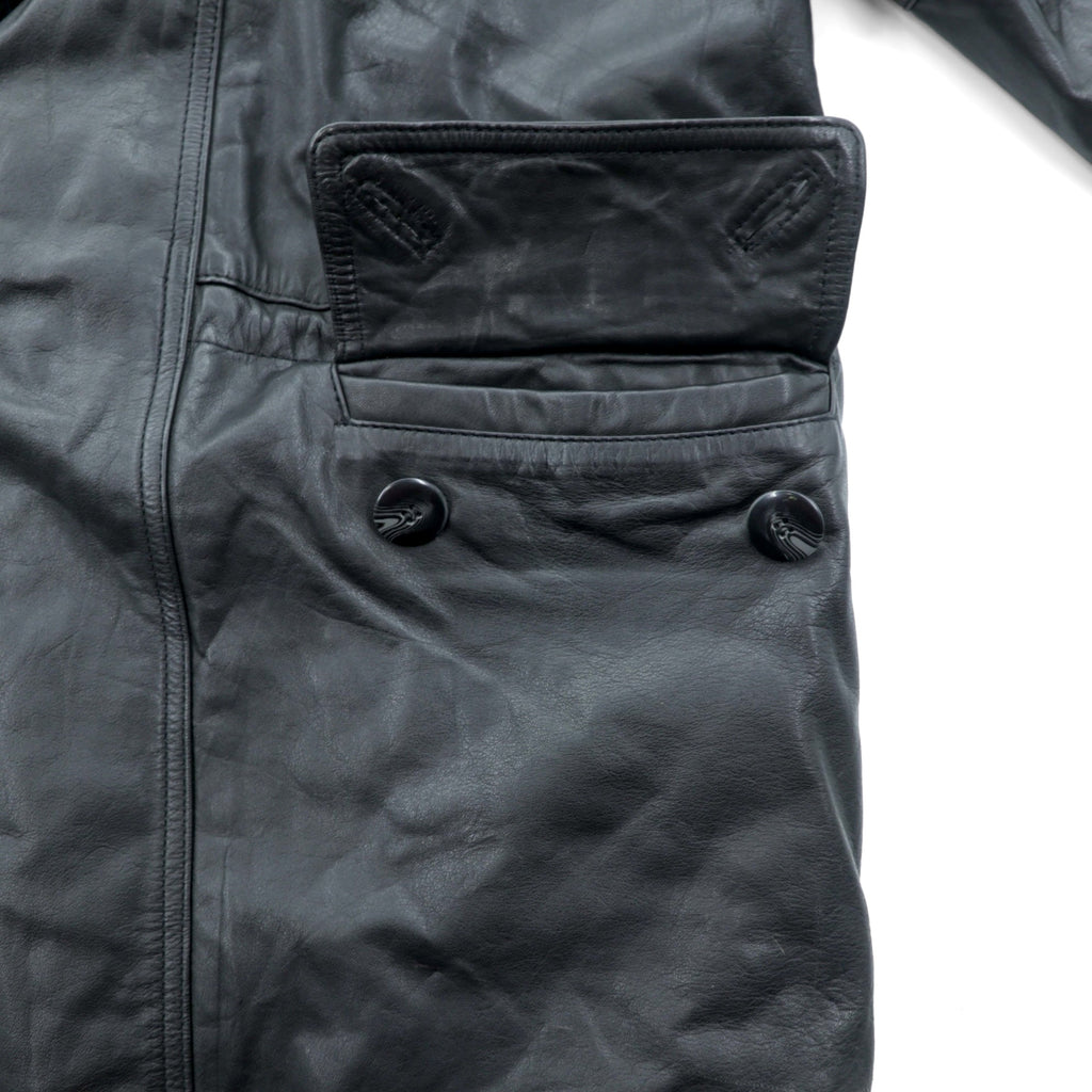 Vintage Black Leather Fur Coat, Double-Breasted, Padded, XL Shawl-Colored Quilted Liner, Drawcord, ZINIZ HOMME