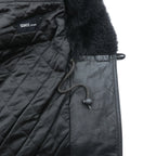 Vintage Black Leather Fur Coat, Double-Breasted, Padded, XL Shawl-Colored Quilted Liner, Drawcord, ZINIZ HOMME