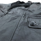 Vintage Black Leather Fur Coat, Double-Breasted, Padded, XL Shawl-Colored Quilted Liner, Drawcord, ZINIZ HOMME