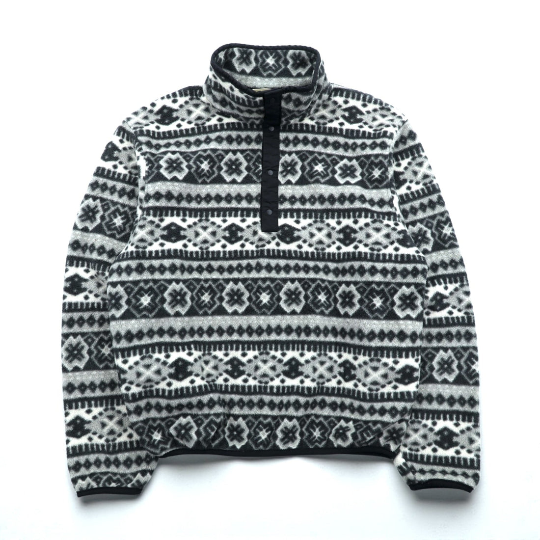 L.L.Bean 90s Half Snap-T Pullover Fleece Jacket, Small, Gray, Fair Isle Allover Pattern, Stand Collar