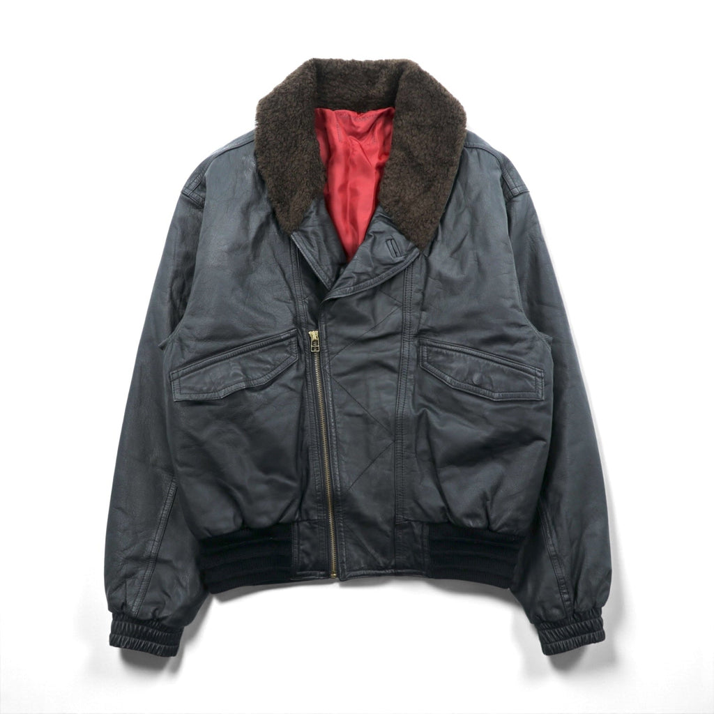 90s Vintage G-1 Leather Bomber Jacket Padded Flight L Black Cowhide Boa Collar