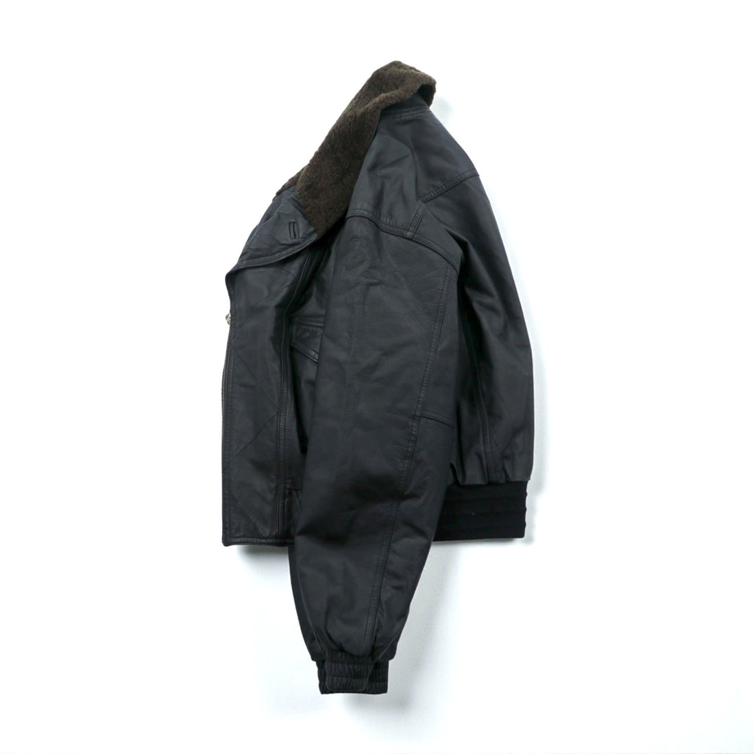 90s Vintage G-1 Leather Bomber Jacket Padded Flight L Black Cowhide Boa Collar