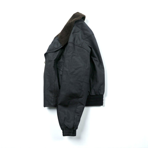 90s Vintage G-1 Leather Bomber Jacket Padded Flight L Black Cowhide Boa Collar