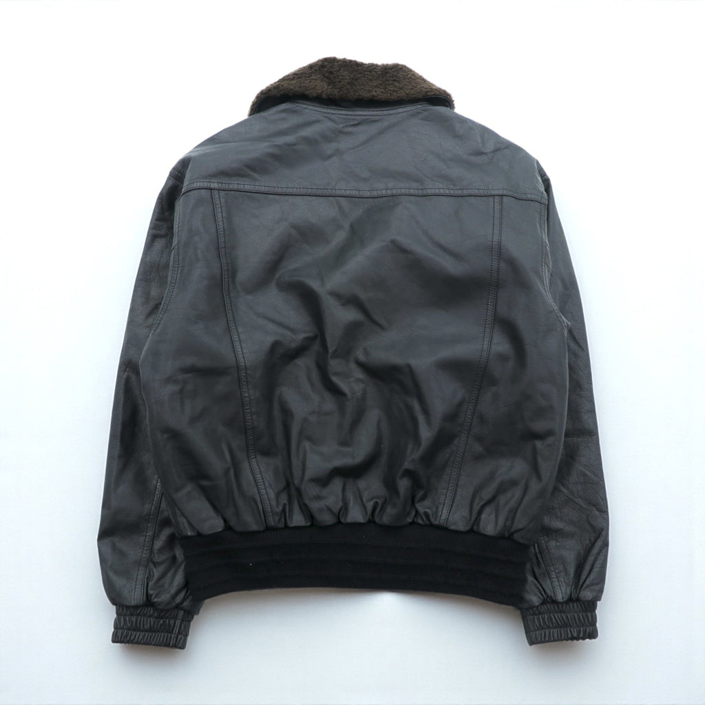 90s Vintage G-1 Leather Bomber Jacket Padded Flight L Black Cowhide Boa Collar