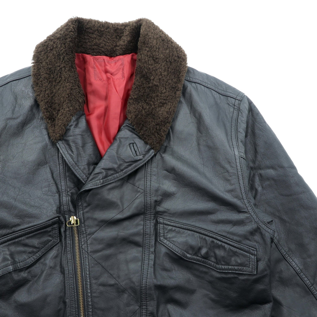 90s Vintage G-1 Leather Bomber Jacket Padded Flight L Black Cowhide Boa Collar